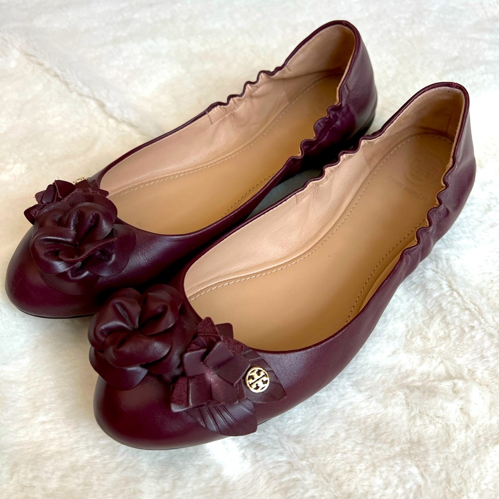 Maroon/wine leather floral Tory Burch flats